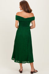 Forest Green Shimmer Off Shoulder Pleated Midi Dress