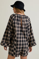 Black Beige Plaid Romper
