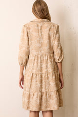 Beige Floral Button 3/4 Long Sleeve Midi Dress