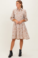 Beige Floral Button 3/4 Long Sleeve Midi Dress