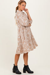 Beige Floral Button 3/4 Long Sleeve Midi Dress