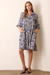 Navy Floral Button Down 3/4 Sleeve Midi Dress
