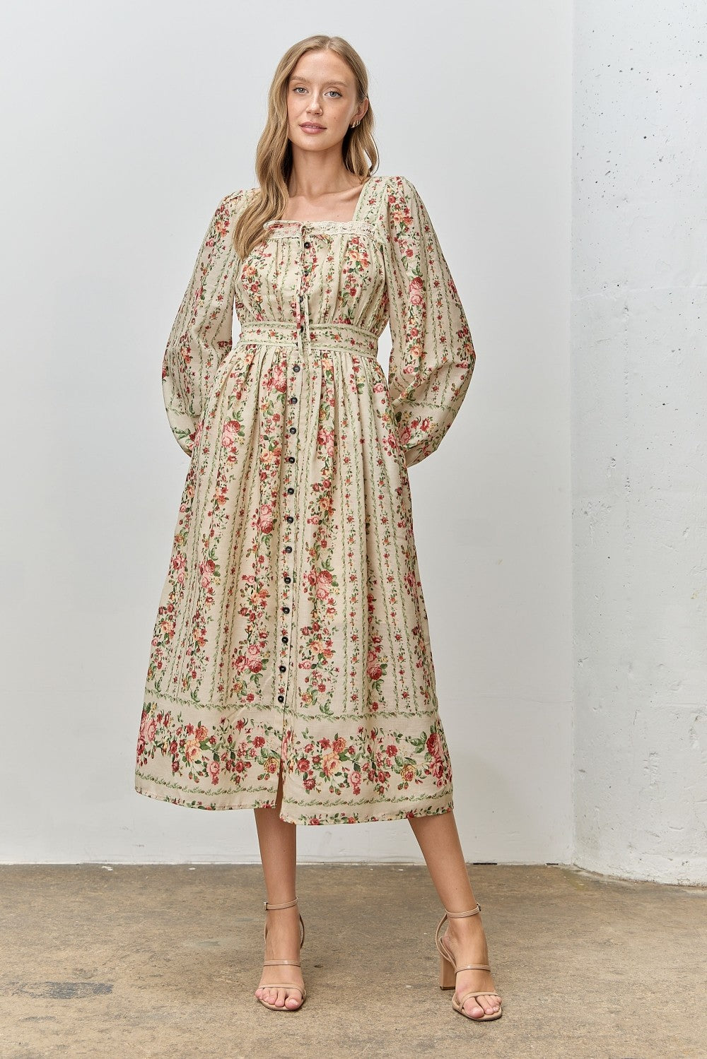 Cream Floral Stripe Button Down Long Sleeve Midi Dress