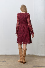 Burgundy Embroidered Lace Smocked Long Sleeve Dress