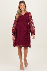 Burgundy Embroidered Lace Smocked Long Sleeve Maternity Dress