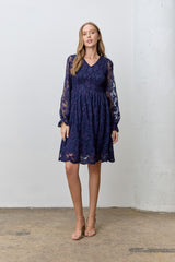 Navy Embroidered Lace Smocked Long Sleeve Dress
