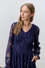 Navy Embroidered Lace Smocked Long Sleeve Dress