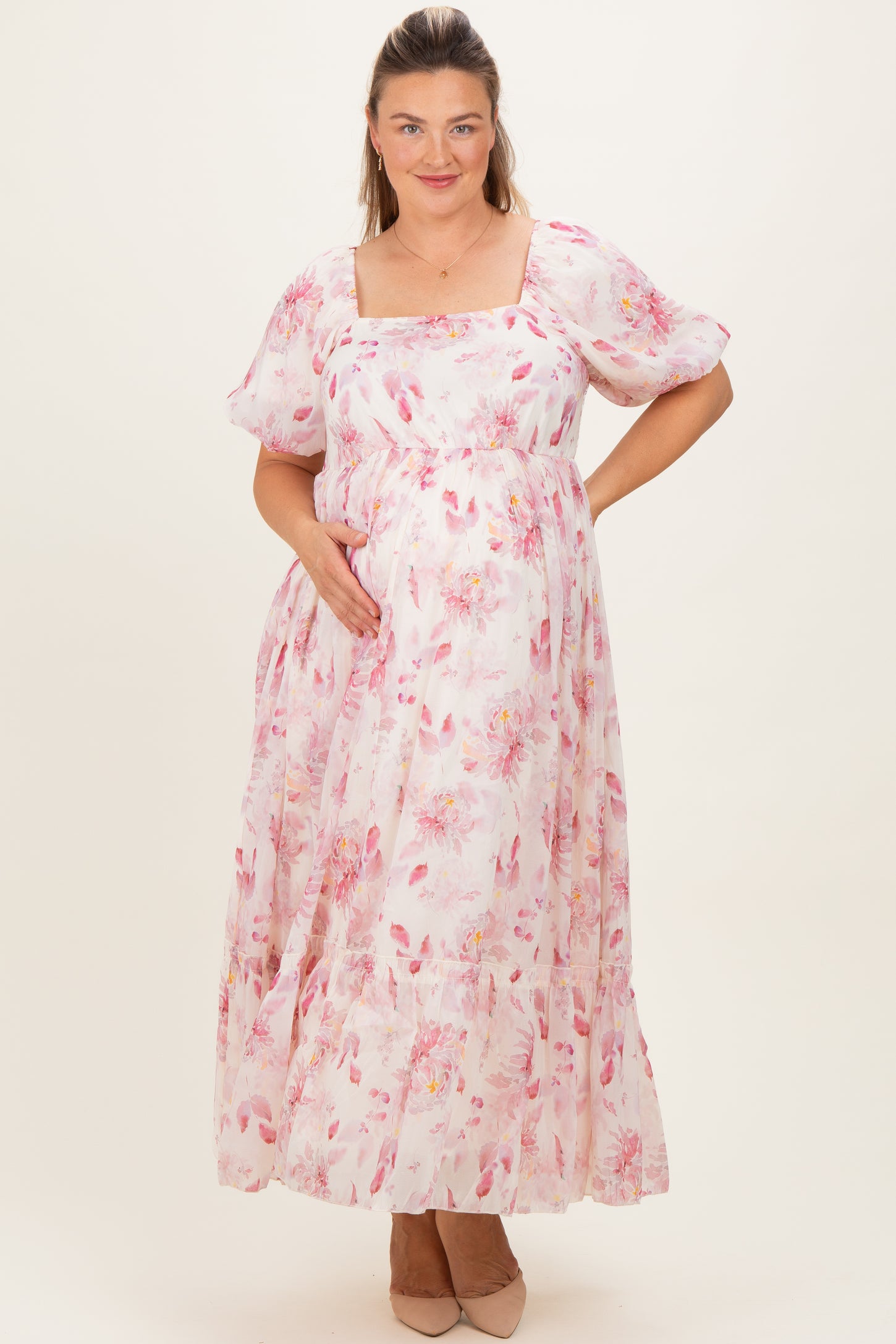 Red Floral Puff Sleeve Plus Maternity Maxi Dress