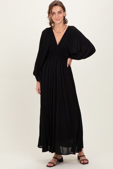 Black Solid Long Sleeve V-Neck Smocked Detail Maxi Dress