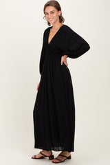 Black Solid Long Sleeve V-Neck Smocked Detail Maxi Dress