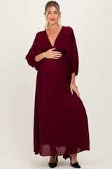 Burgundy Solid Long Sleeve V-Neck Smocked Detail Maternity Maxi Dress