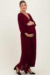 Burgundy Solid Long Sleeve V-Neck Smocked Detail Maternity Maxi Dress