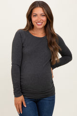 Charcoal Solid Ribbed Ruched Long Sleeve Maternity Top