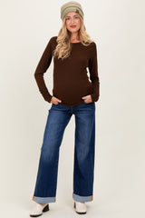 Brown Solid Ribbed Ruched Long Sleeve Maternity Top