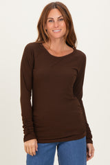 Brown Solid Ribbed Ruched Long Sleeve Top