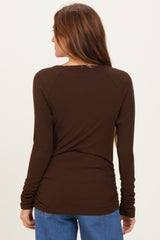 Brown Solid Ribbed Ruched Long Sleeve Top