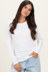 Ivory Solid Ribbed Ruched Long Sleeve Top
