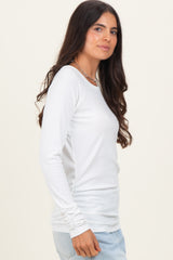Ivory Solid Ribbed Ruched Long Sleeve Top