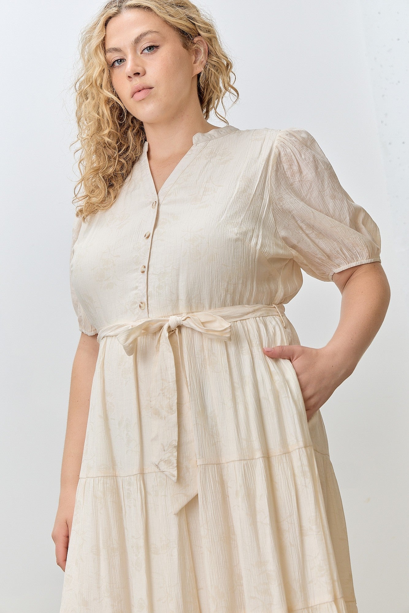 Cream Split Neckline Tiered Plus Midi Dress