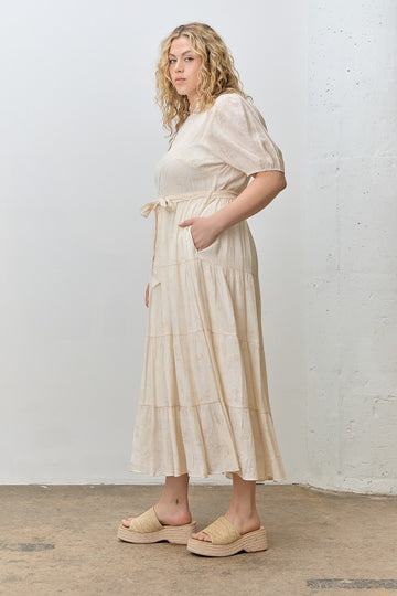 Cream Split Neckline Tiered Plus Midi Dress