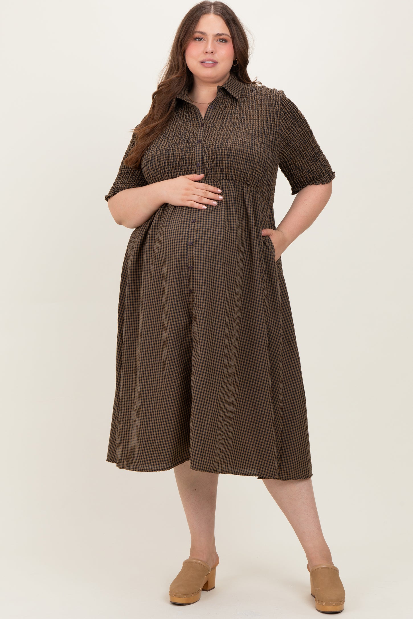 Brown Gingham Smocked Button Down Maternity Plus Midi Dress