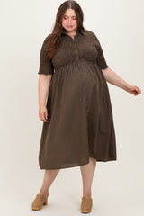 Brown Gingham Smocked Button Down Maternity Plus Midi Dress