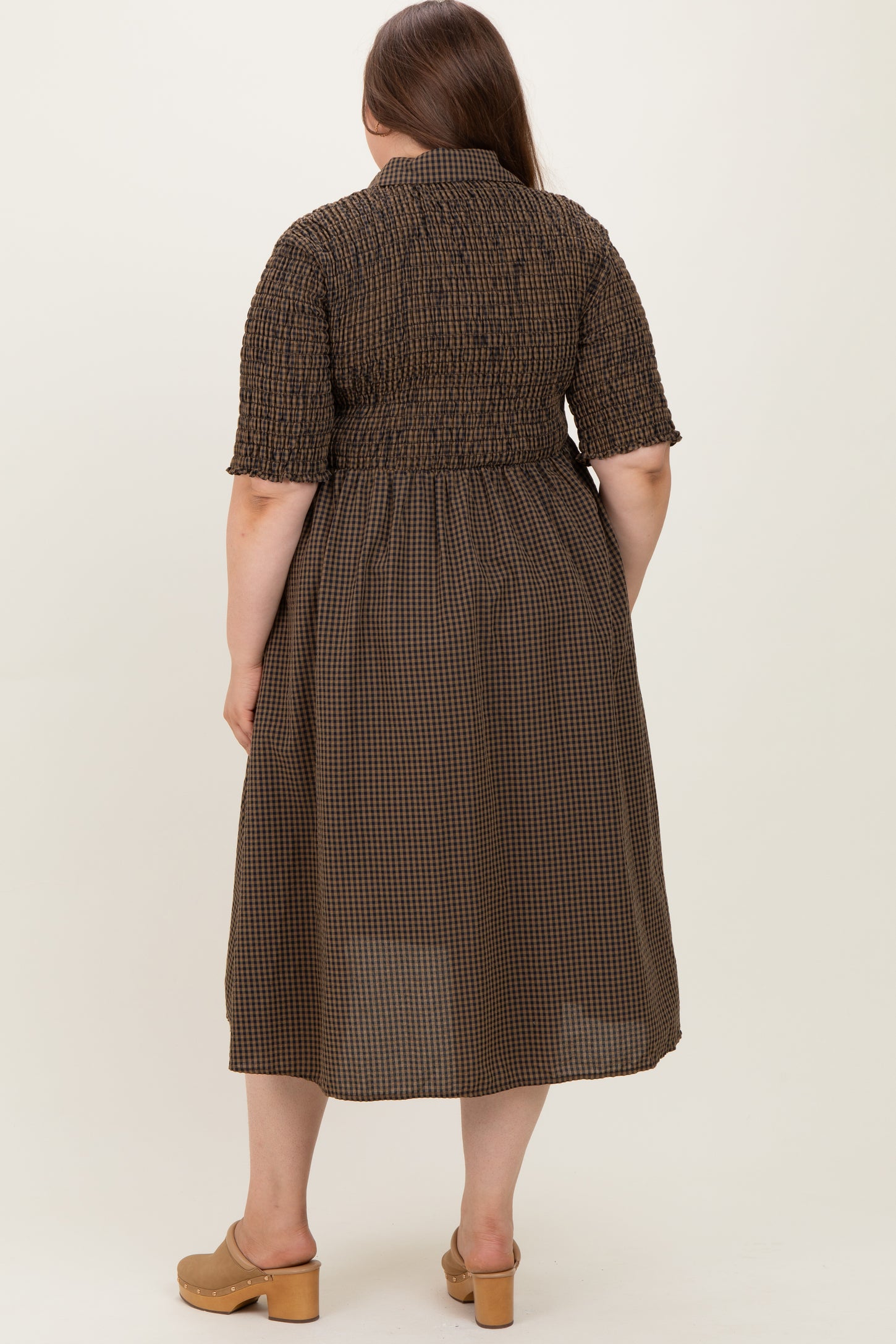 Brown Gingham Smocked Button Down Maternity Plus Midi Dress
