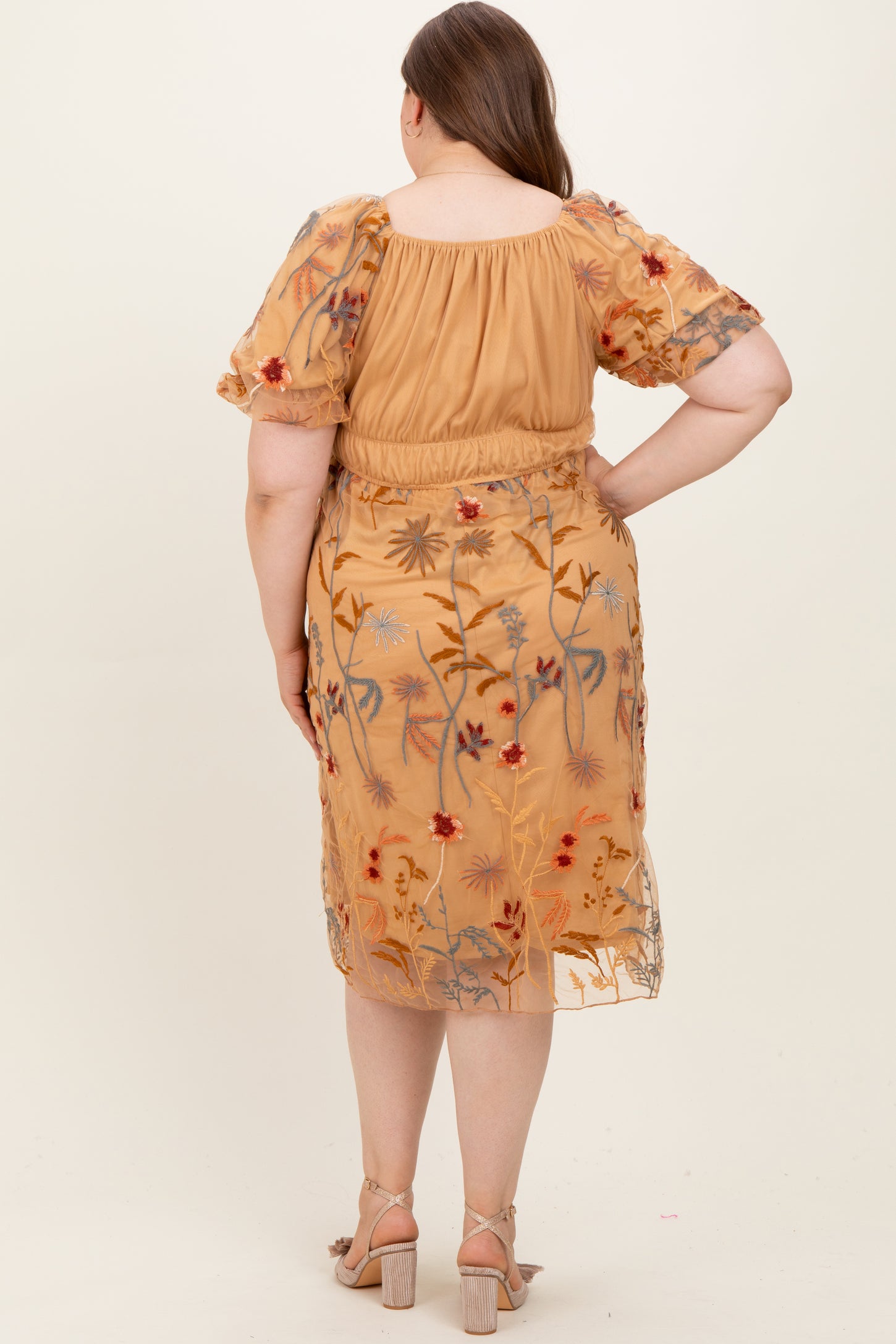 Dark Yellow Floral Embroidered Mesh Maternity Plus Dress