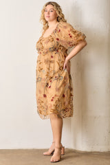 Dark Yellow Floral Embroidered Mesh Plus Dress
