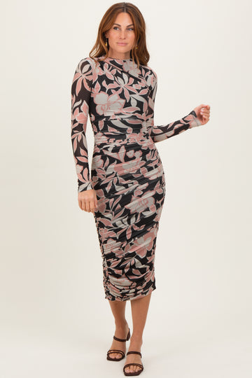Black Floral Mesh Ruched Long Sleeve Midi Dress