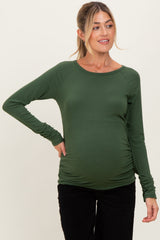 Olive Solid Ribbed Ruched Long Sleeve Maternity Top