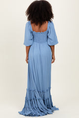 Blue Solid 3/4 Sleeve Smocked Top Tiered Maxi Dress