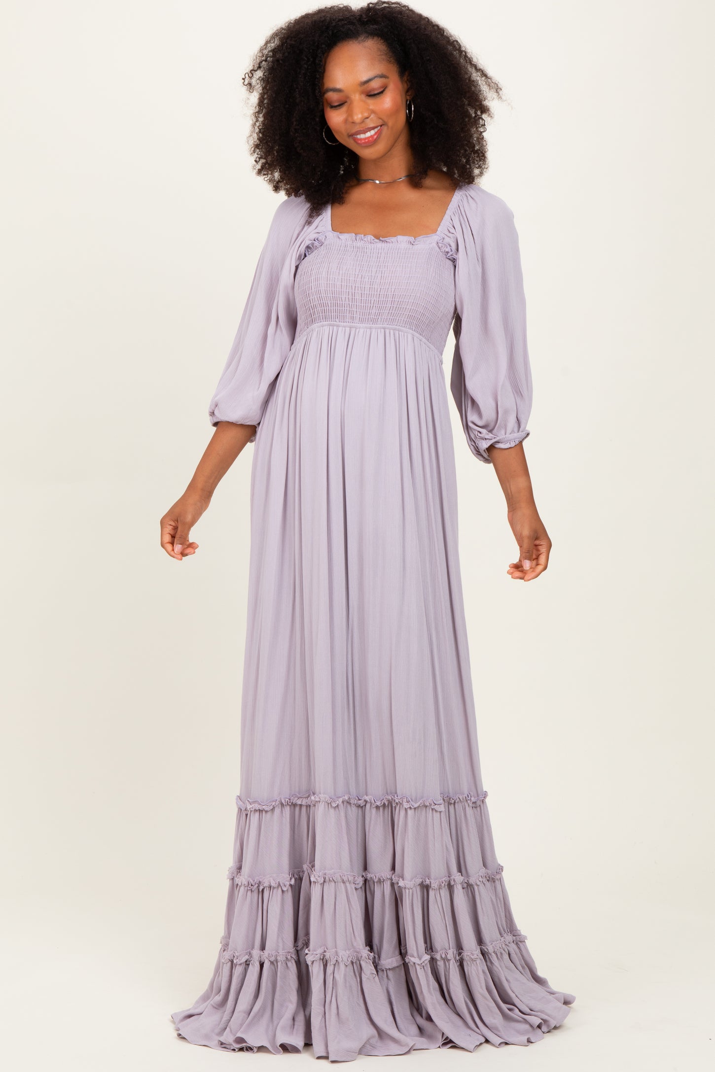 Lavender Solid 3/4 Sleeve Smocked Top Tiered Maxi Dress