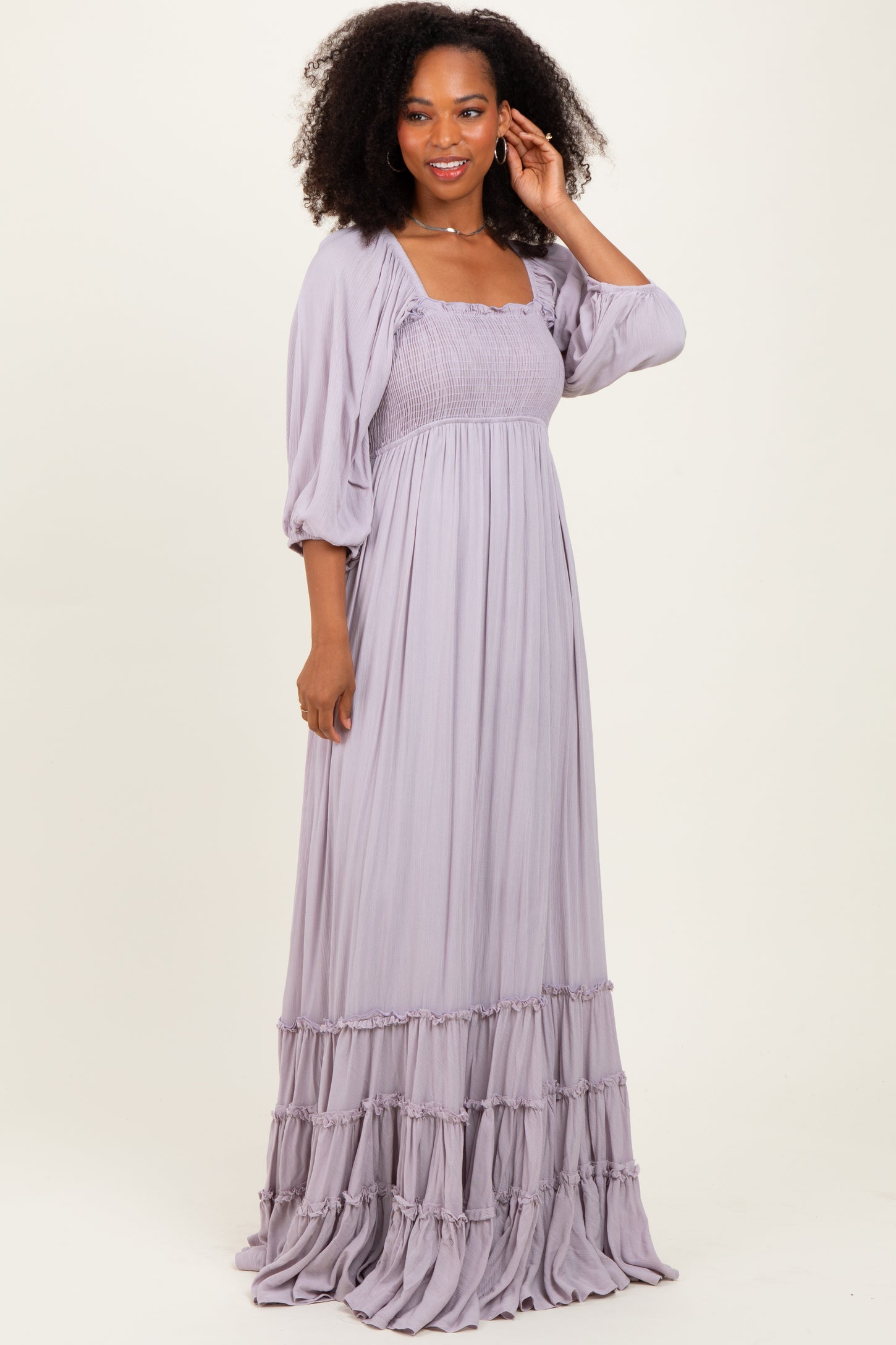Lavender Solid 3/4 Sleeve Smocked Top Tiered Maxi Dress