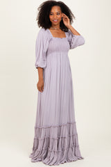 Lavender Solid 3/4 Sleeve Smocked Top Tiered Maxi Dress
