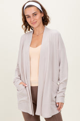 Beige Solid Ribbed Long Sleeve Open Front Pocket Maternity Cardigan