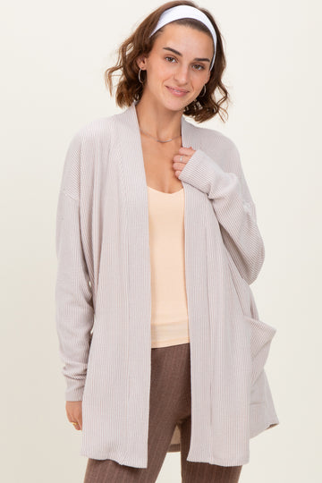 Beige Solid Ribbed Long Sleeve Open Front Pocket Cardigan