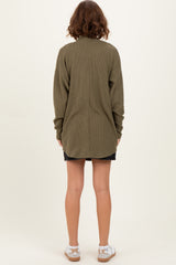 Olive Solid Ribbed Long Sleeve Open Front Pocket Cardigan