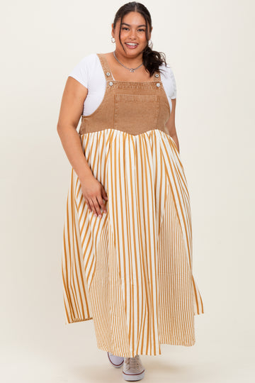 Camel Striped Colorblock Denim Contrast Plus Maxi Dress