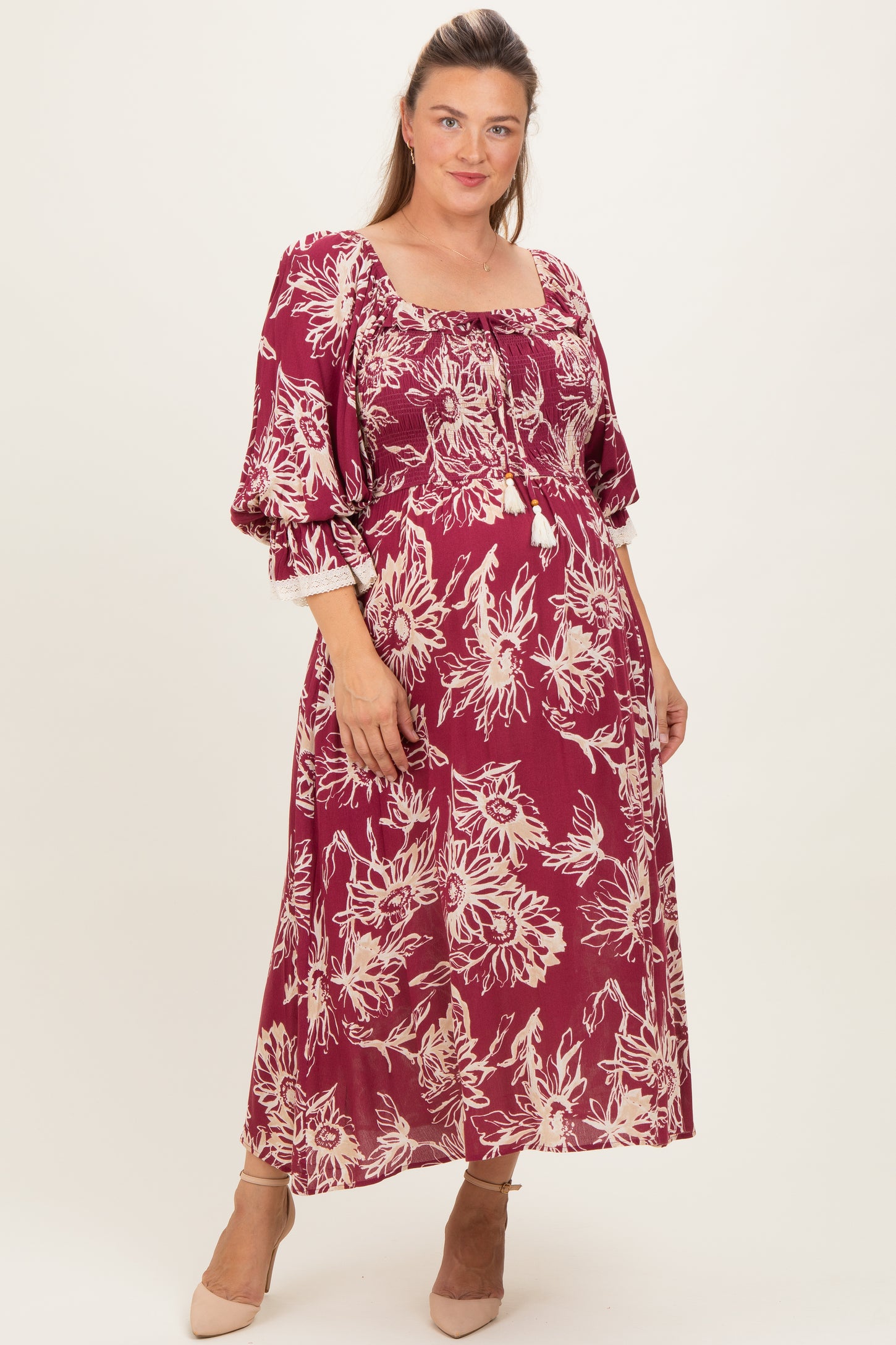 Burgundy Floral Smocked 3/4 Sleeve Maternity Plus Midi Dress