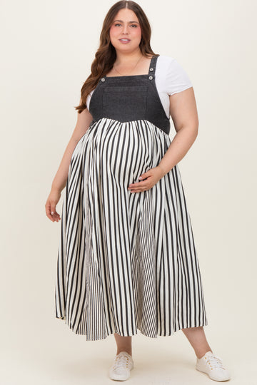 Charcoal Striped Colorblock Denim Contrast Maternity Plus Maxi Dress