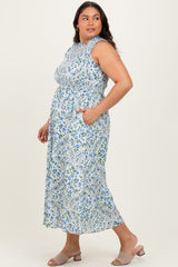 Blue Floral Smocked Sleeveless Plus Midi Dress