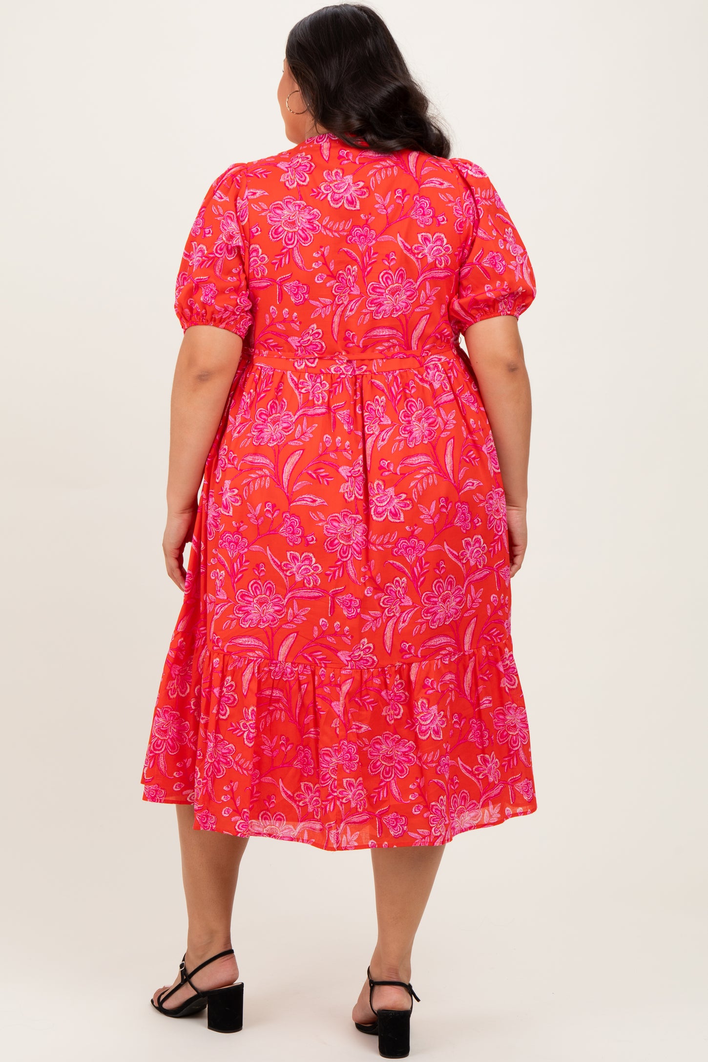 Red Floral Button Down Plus Midi Shirt Dress