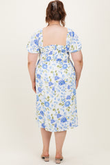 Blue Floral Sweetheart Neckline Puff Sleeve Maternity Plus Midi Dress