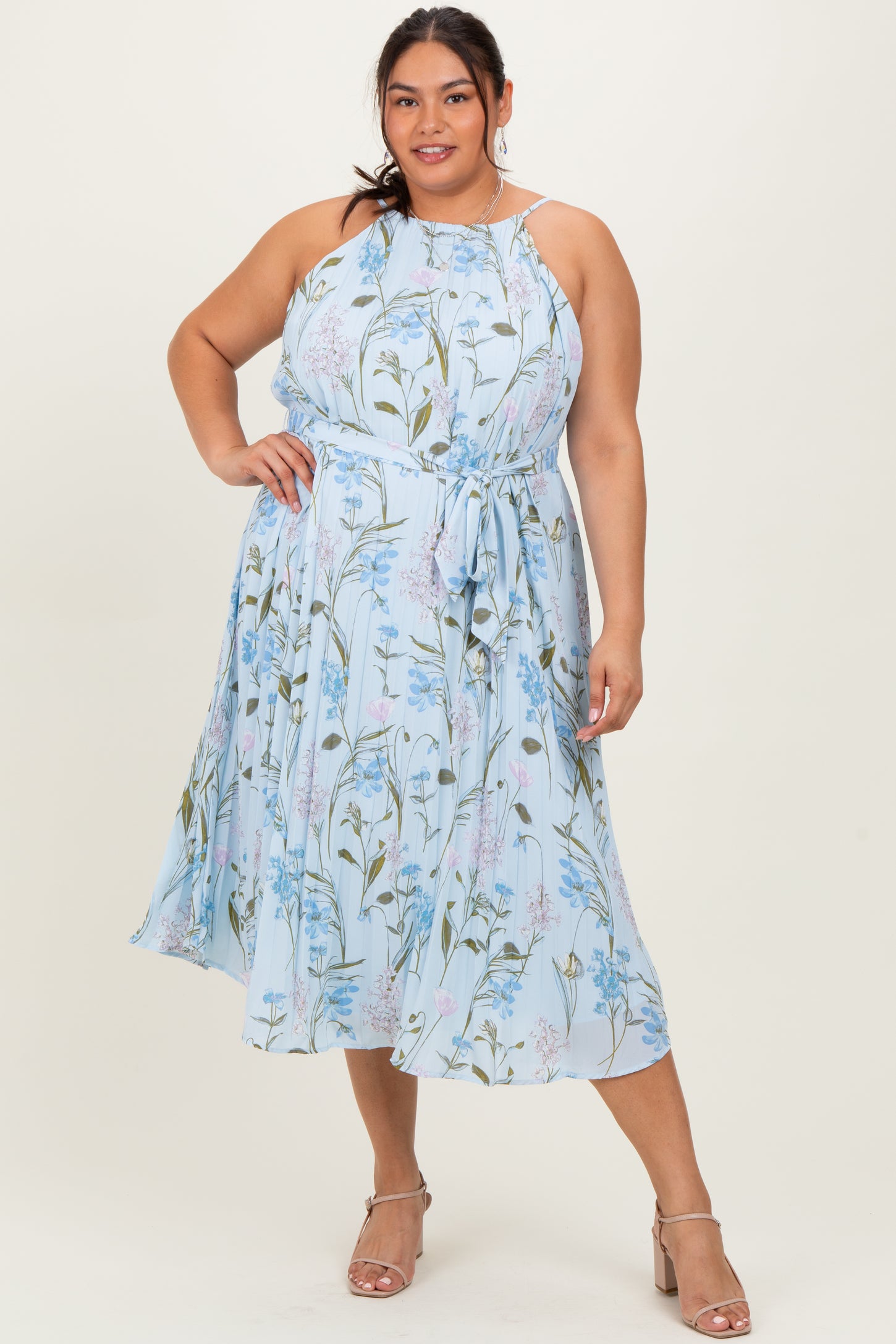 Light Blue Floral Pleated Sleeveless Plus Midi Dress