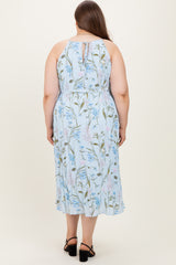 Light Blue Floral Pleated Sleeveless Maternity Plus Midi Dress