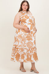 Camel Floral One Shoulder Maternity Plus Maxi Dress