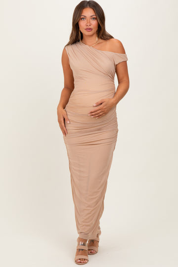 Beige Ruched Asymmetrical Off Shoulder Maternity Maxi Dress