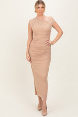 Beige Ruched Asymmetrical Off Shoulder Maxi Dress