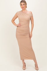 Beige Ruched Asymmetrical Off Shoulder Maternity Maxi Dress